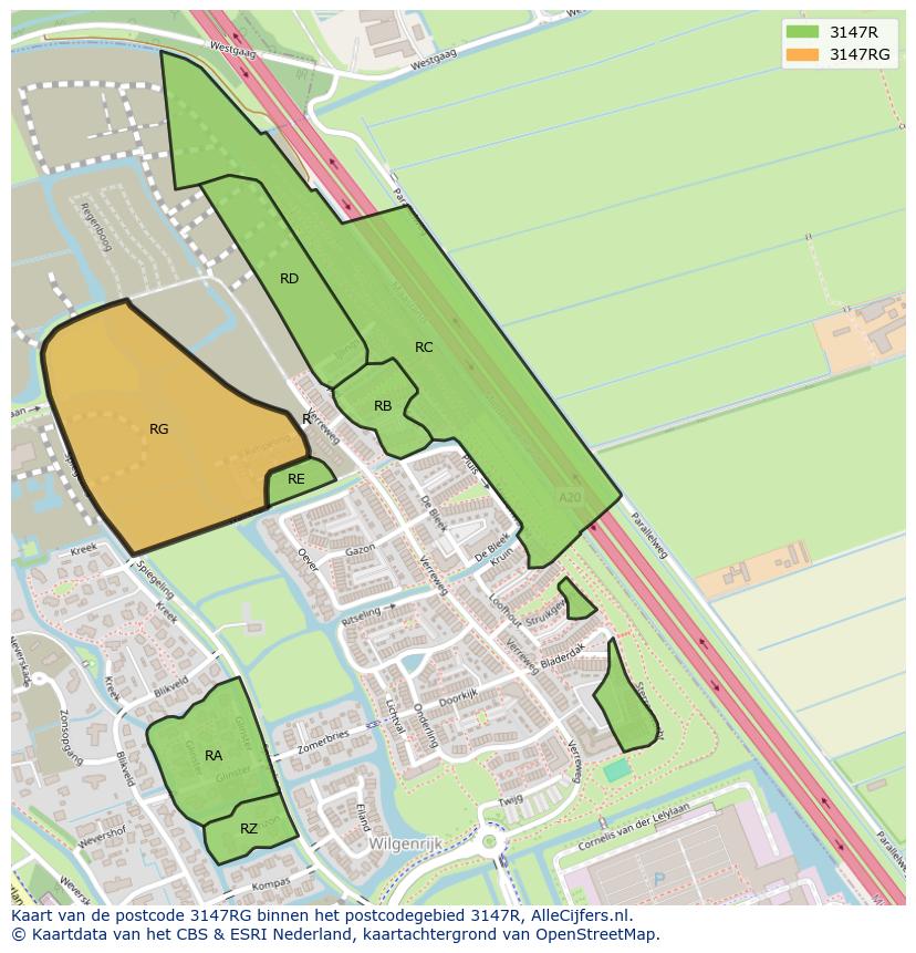 Afbeelding van het postcodegebied 3147 RG op de kaart.