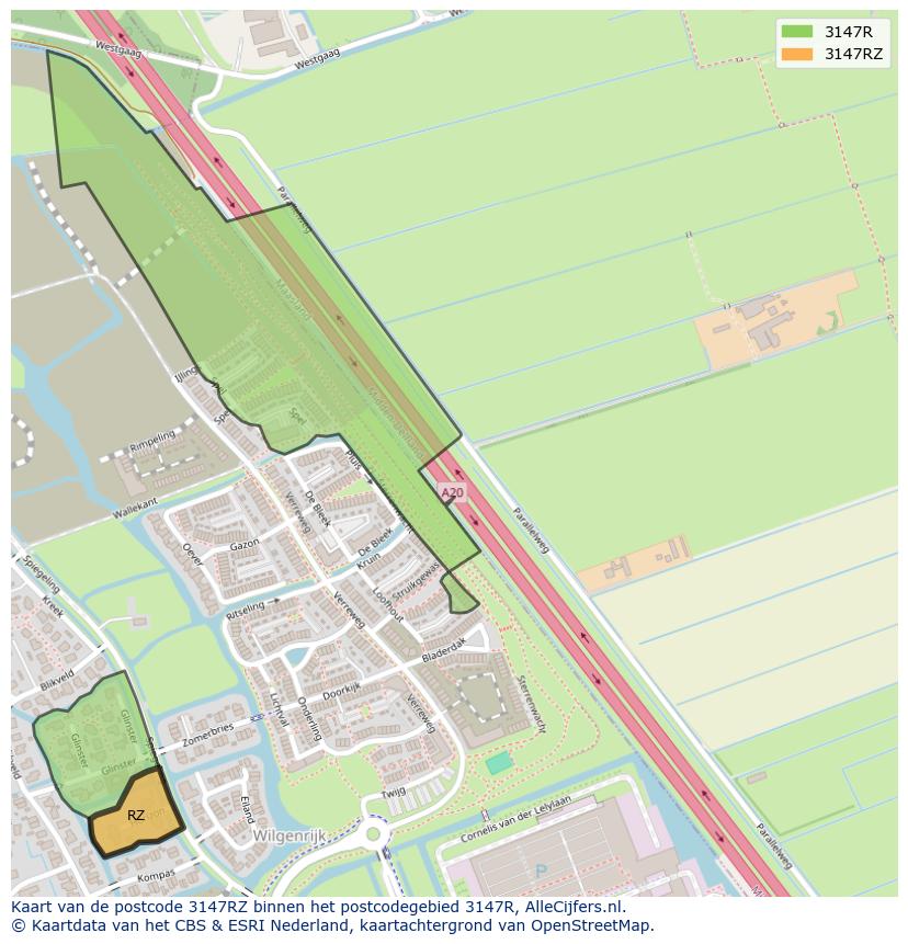 Afbeelding van het postcodegebied 3147 RZ op de kaart.