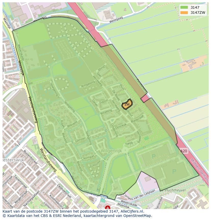 Afbeelding van het postcodegebied 3147 ZW op de kaart.