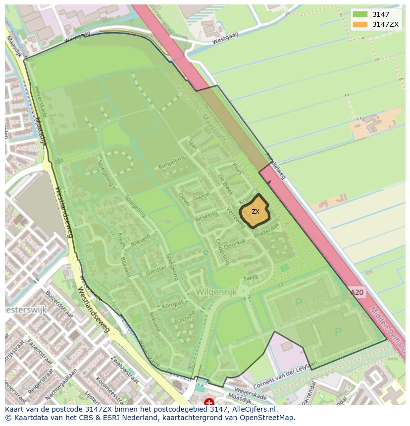 Afbeelding van het postcodegebied 3147 ZX op de kaart.