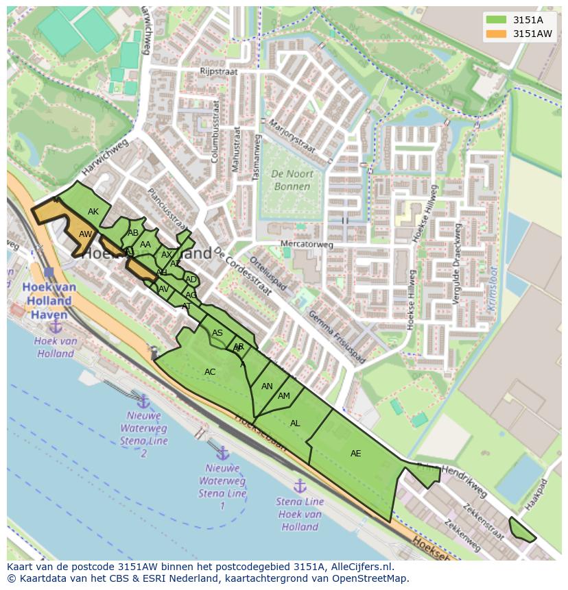 Afbeelding van het postcodegebied 3151 AW op de kaart.