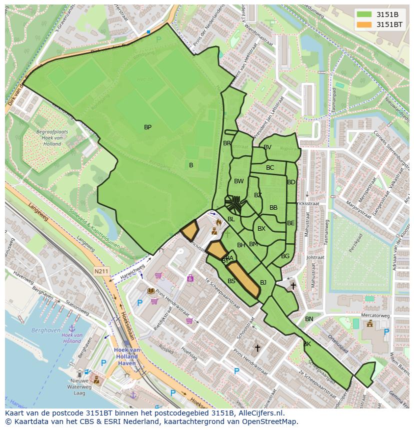 Afbeelding van het postcodegebied 3151 BT op de kaart.