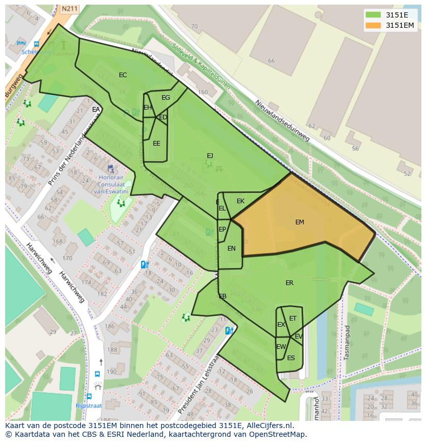 Afbeelding van het postcodegebied 3151 EM op de kaart.