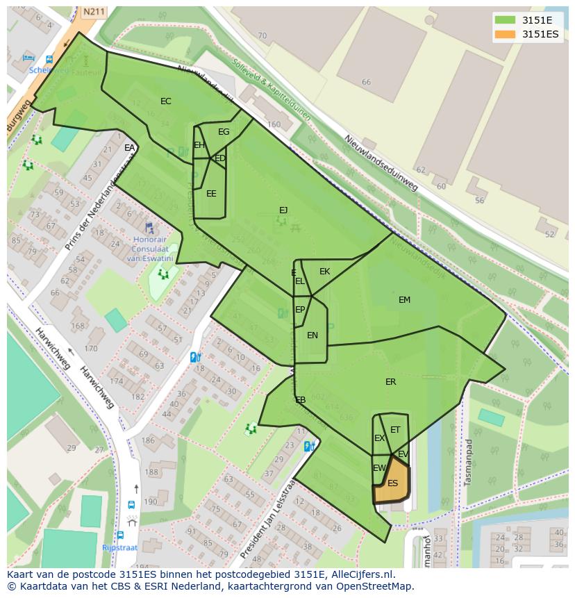Afbeelding van het postcodegebied 3151 ES op de kaart.