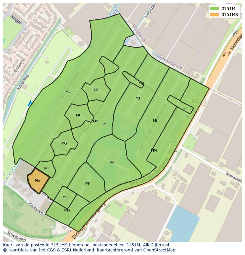 Afbeelding van het postcodegebied 3151 MS op de kaart.