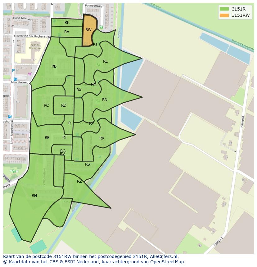 Afbeelding van het postcodegebied 3151 RW op de kaart.