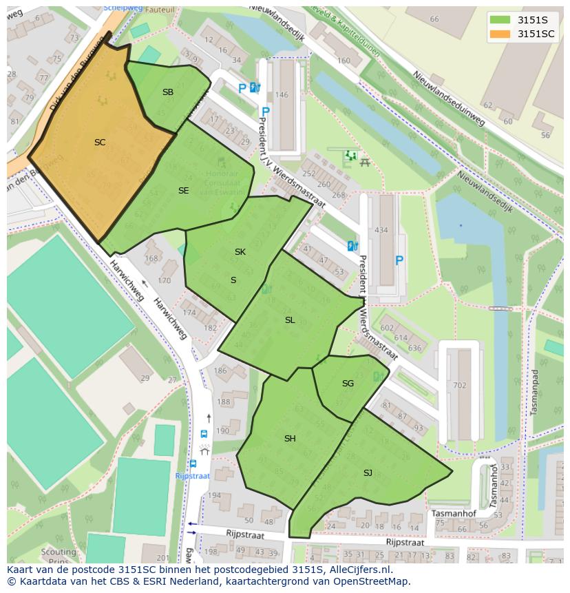 Afbeelding van het postcodegebied 3151 SC op de kaart.