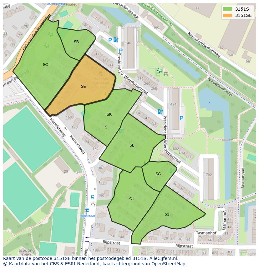 Afbeelding van het postcodegebied 3151 SE op de kaart.