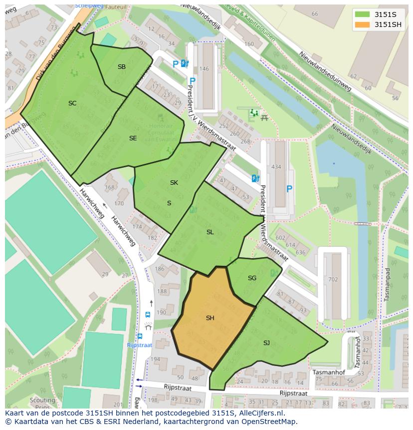 Afbeelding van het postcodegebied 3151 SH op de kaart.