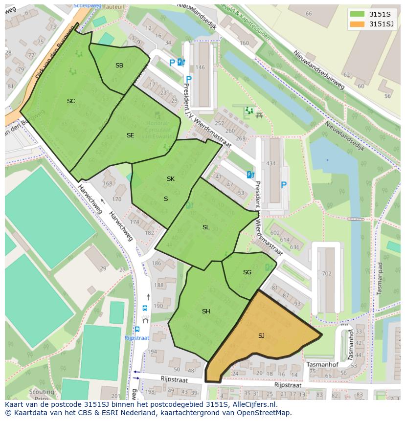 Afbeelding van het postcodegebied 3151 SJ op de kaart.