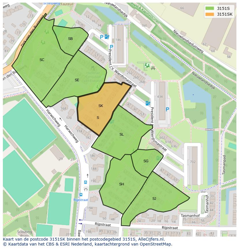 Afbeelding van het postcodegebied 3151 SK op de kaart.