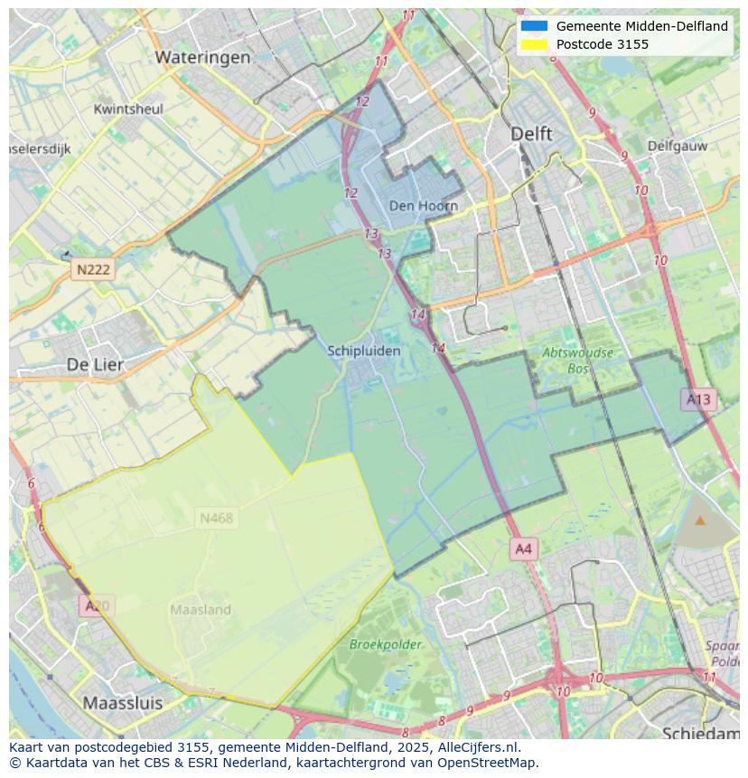 Afbeelding van het postcodegebied 3155 op de kaart.