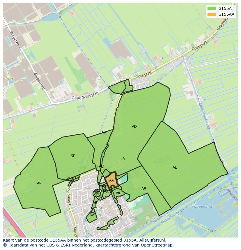 Afbeelding van het postcodegebied 3155 AA op de kaart.