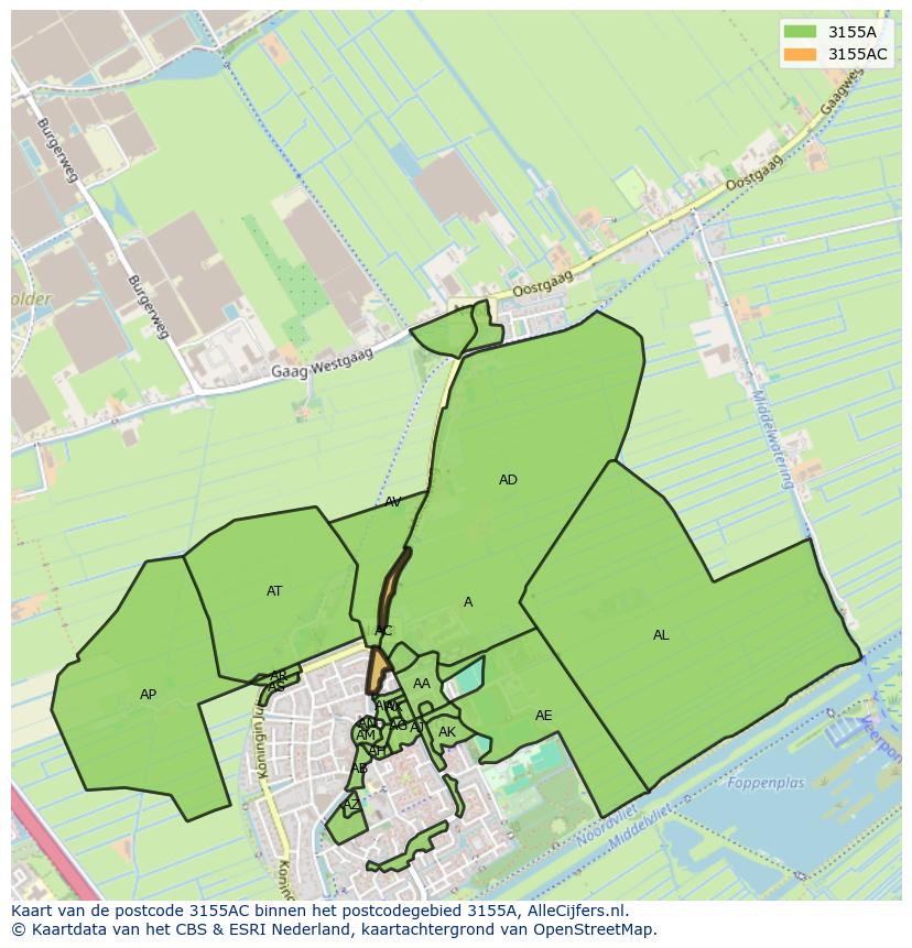 Afbeelding van het postcodegebied 3155 AC op de kaart.