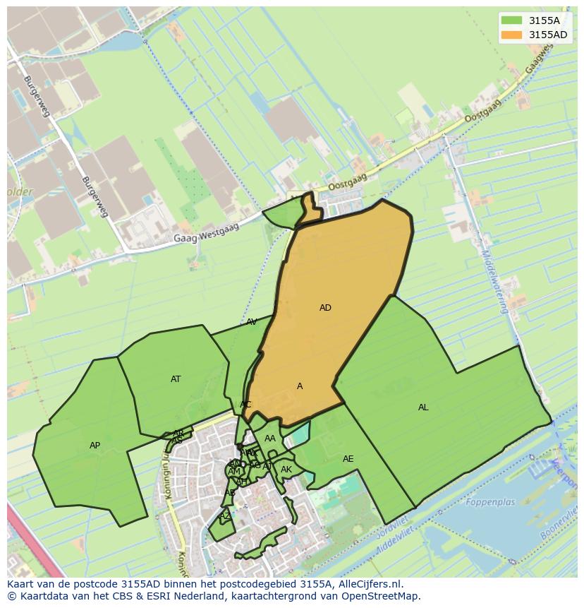 Afbeelding van het postcodegebied 3155 AD op de kaart.