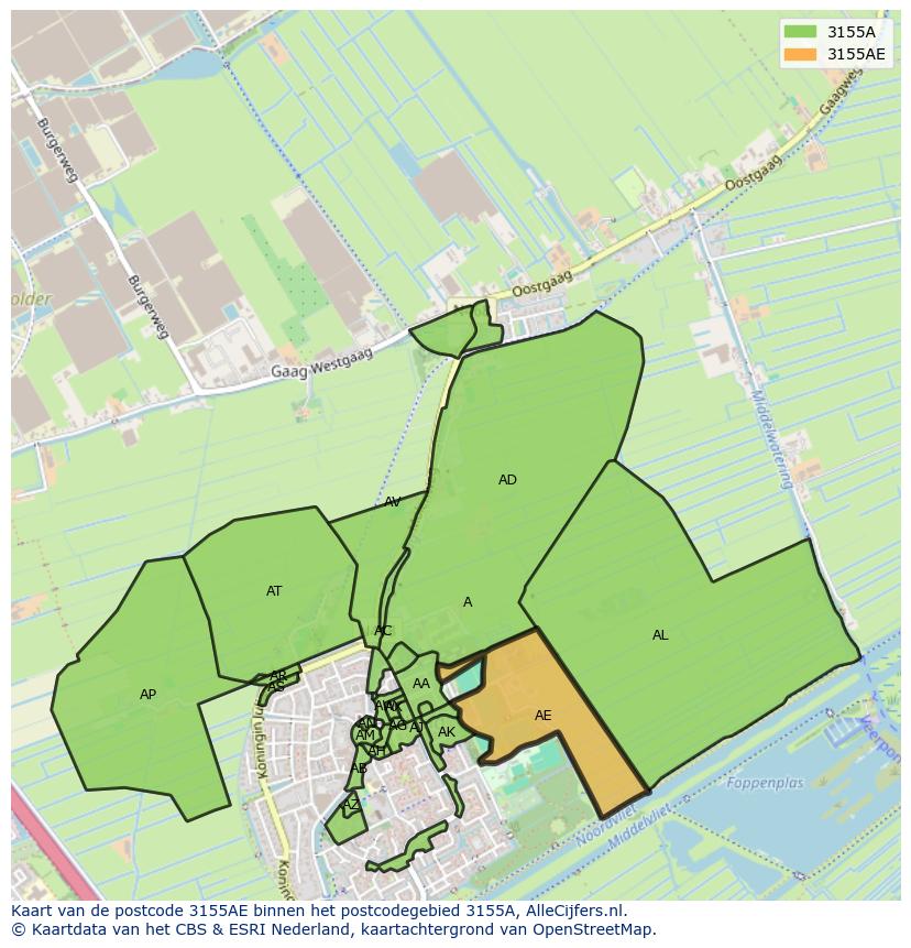 Afbeelding van het postcodegebied 3155 AE op de kaart.