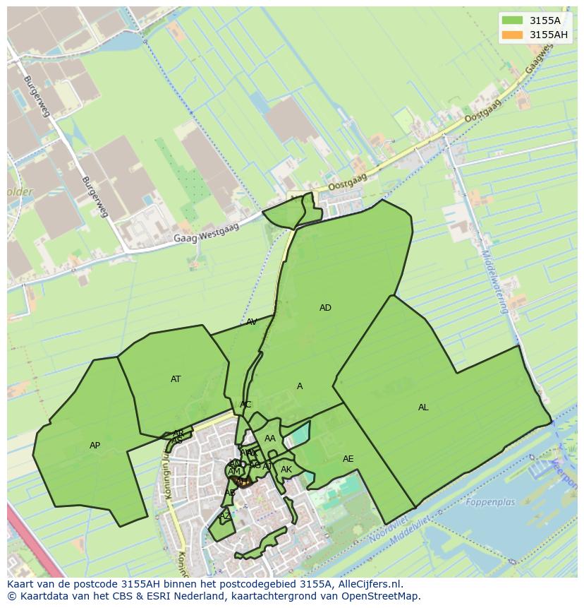 Afbeelding van het postcodegebied 3155 AH op de kaart.
