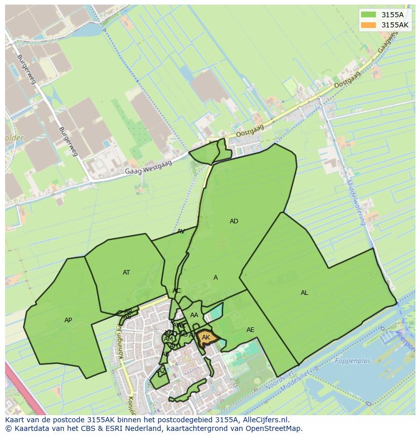Afbeelding van het postcodegebied 3155 AK op de kaart.
