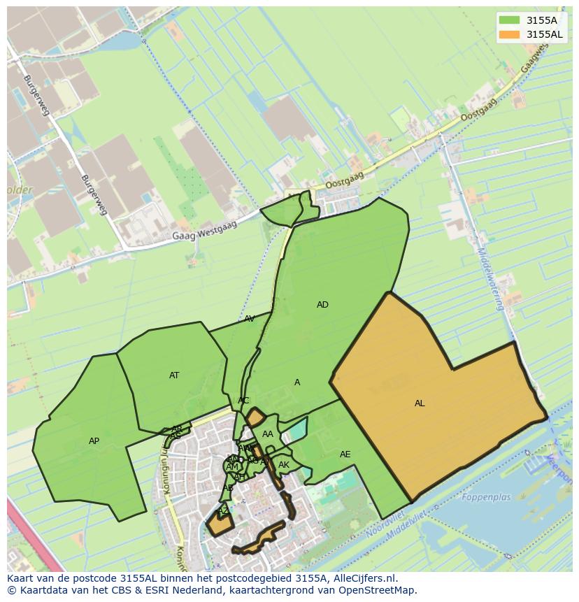 Afbeelding van het postcodegebied 3155 AL op de kaart.