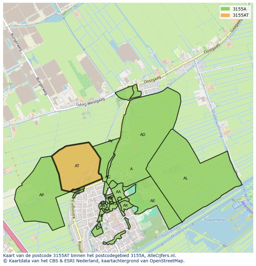 Afbeelding van het postcodegebied 3155 AT op de kaart.