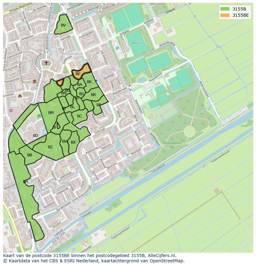 Afbeelding van het postcodegebied 3155 BE op de kaart.
