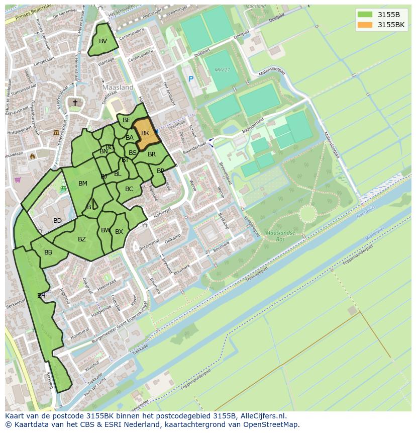 Afbeelding van het postcodegebied 3155 BK op de kaart.