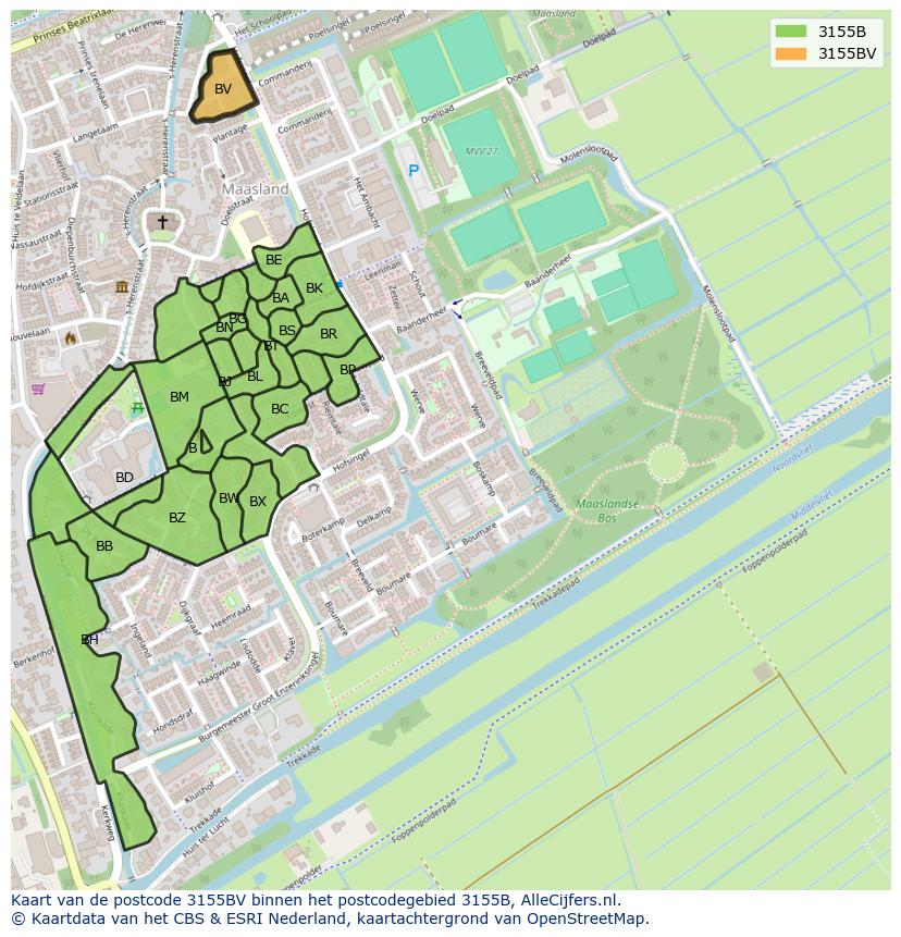 Afbeelding van het postcodegebied 3155 BV op de kaart.