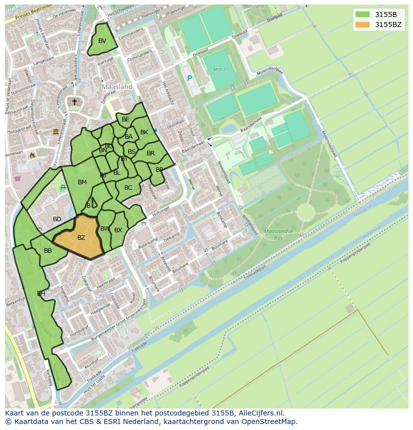 Afbeelding van het postcodegebied 3155 BZ op de kaart.