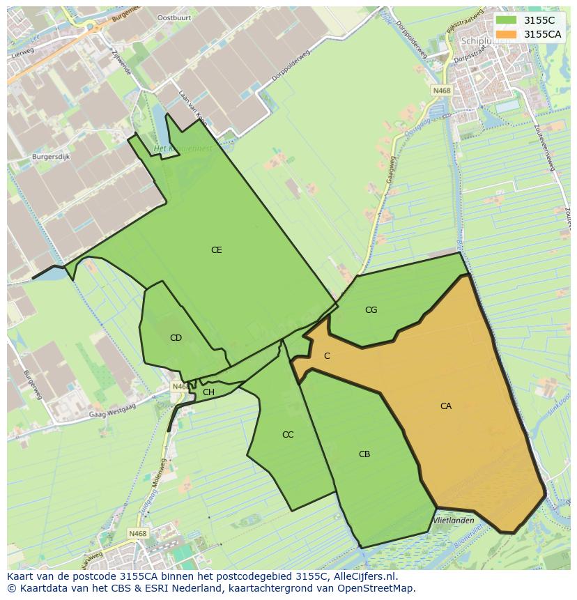 Afbeelding van het postcodegebied 3155 CA op de kaart.