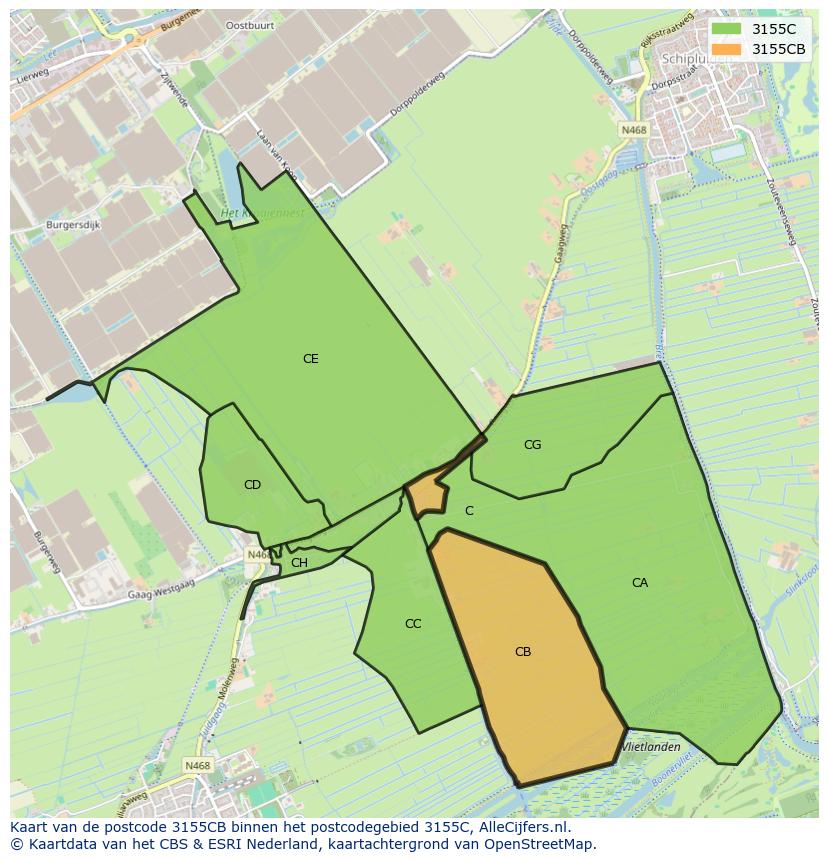 Afbeelding van het postcodegebied 3155 CB op de kaart.