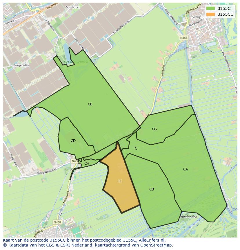 Afbeelding van het postcodegebied 3155 CC op de kaart.