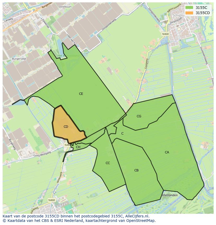 Afbeelding van het postcodegebied 3155 CD op de kaart.