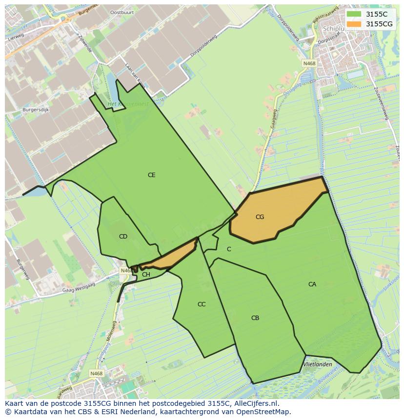 Afbeelding van het postcodegebied 3155 CG op de kaart.