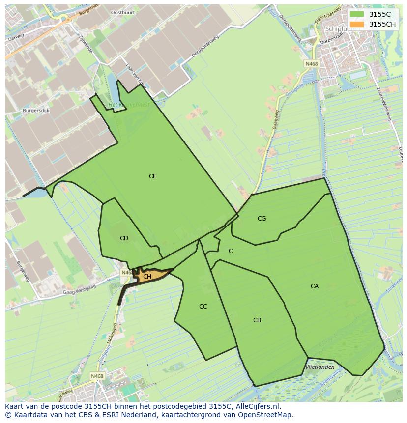 Afbeelding van het postcodegebied 3155 CH op de kaart.