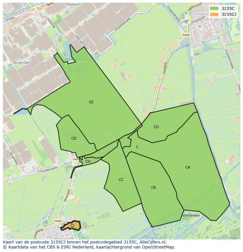 Afbeelding van het postcodegebied 3155 CJ op de kaart.