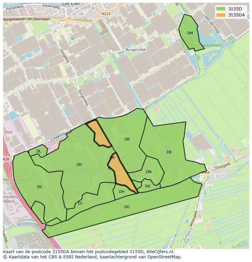 Afbeelding van het postcodegebied 3155 DA op de kaart.