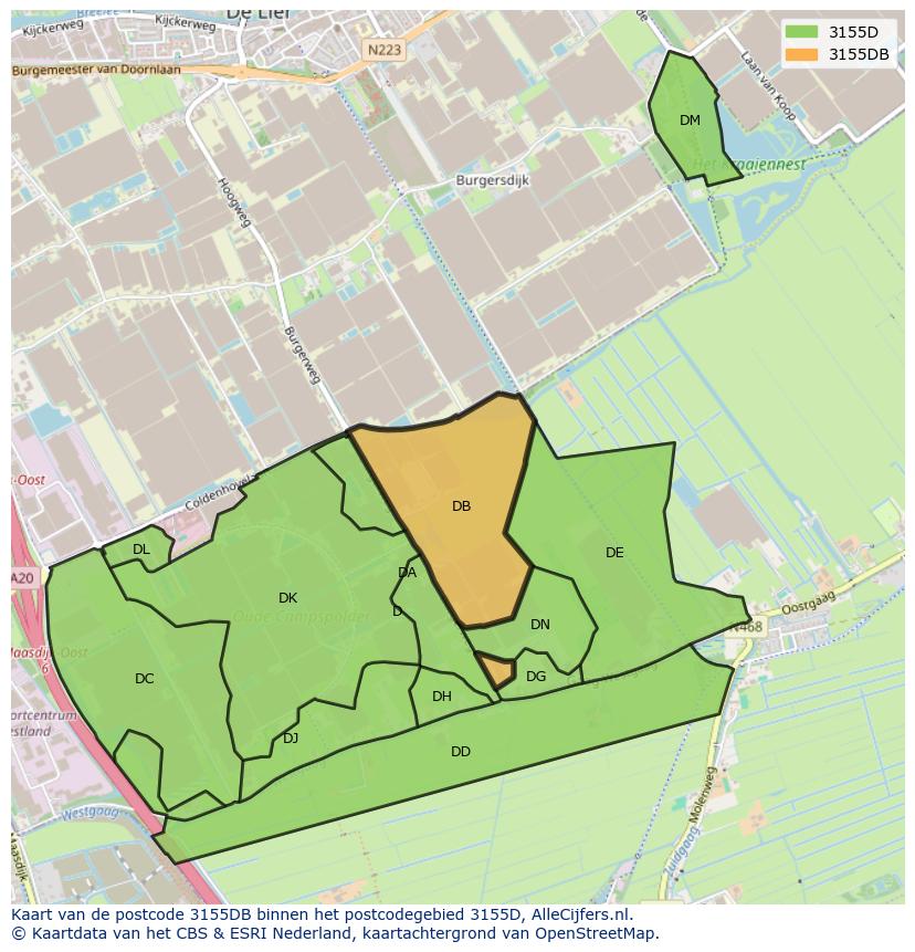 Afbeelding van het postcodegebied 3155 DB op de kaart.