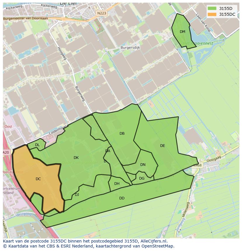Afbeelding van het postcodegebied 3155 DC op de kaart.