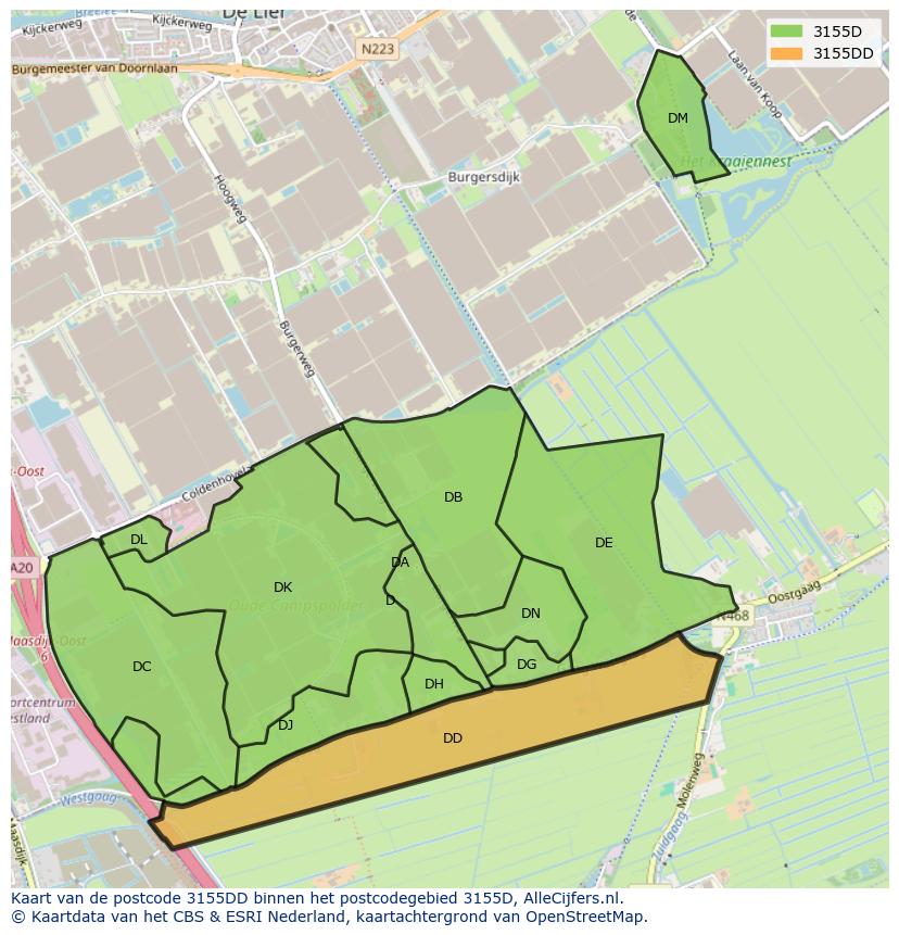 Afbeelding van het postcodegebied 3155 DD op de kaart.