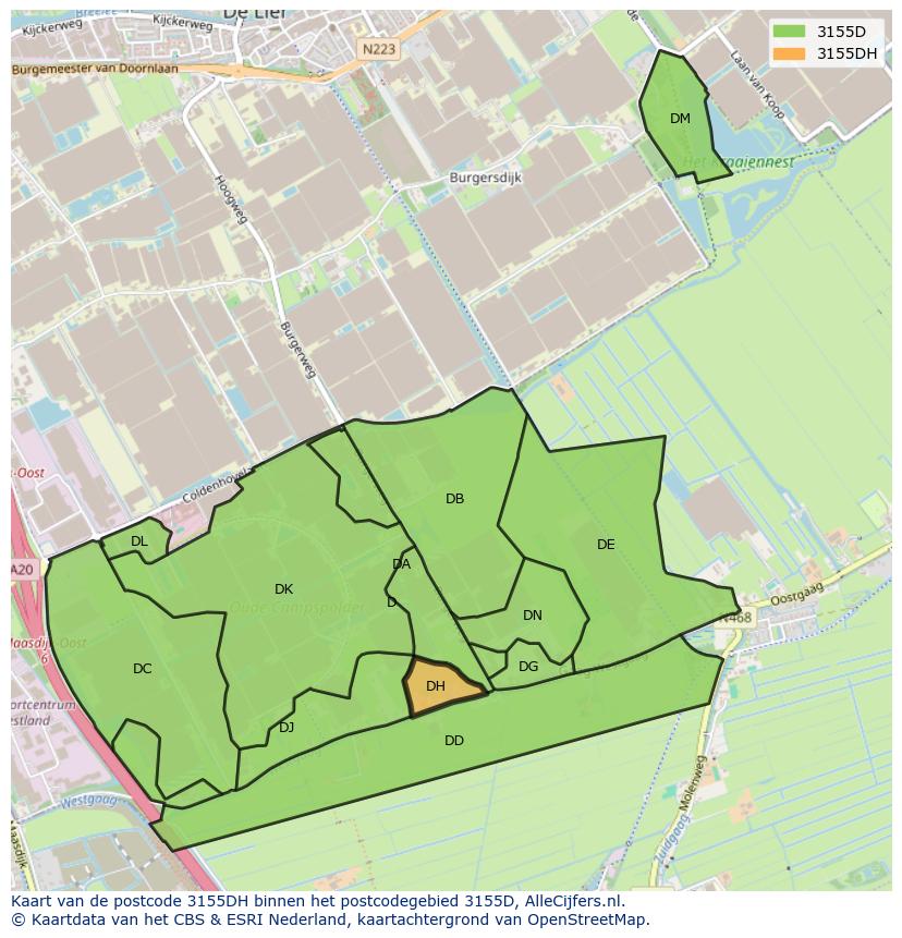 Afbeelding van het postcodegebied 3155 DH op de kaart.