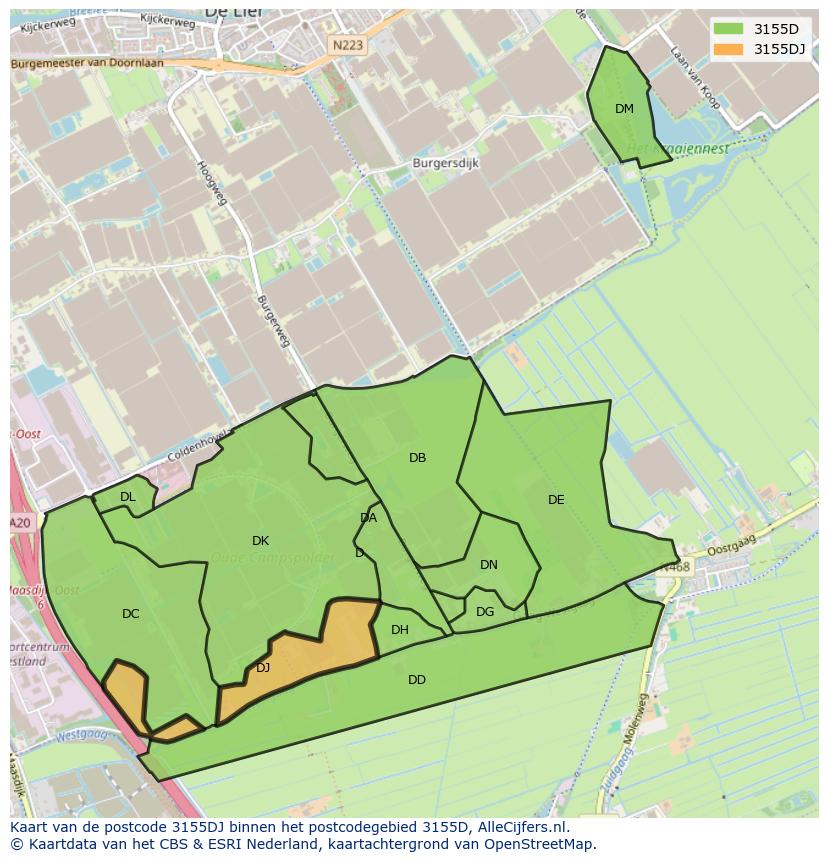 Afbeelding van het postcodegebied 3155 DJ op de kaart.