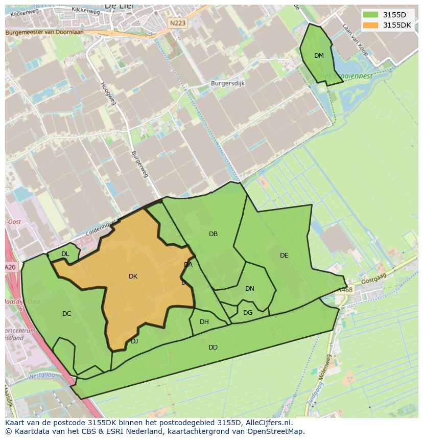 Afbeelding van het postcodegebied 3155 DK op de kaart.
