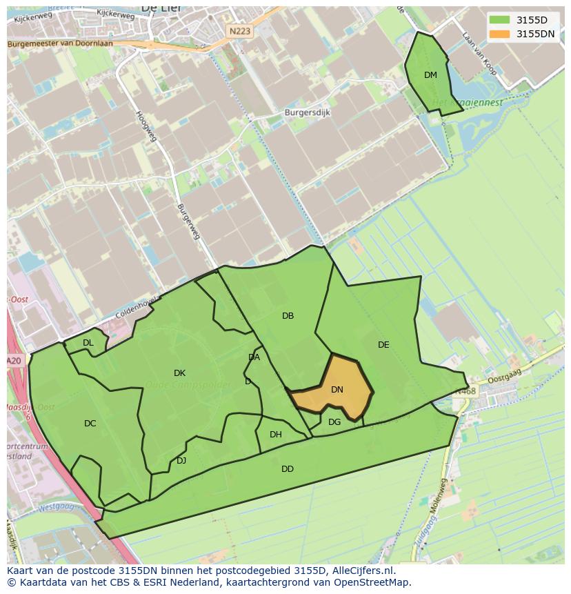 Afbeelding van het postcodegebied 3155 DN op de kaart.