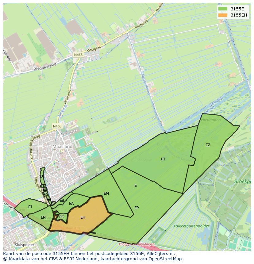 Afbeelding van het postcodegebied 3155 EH op de kaart.