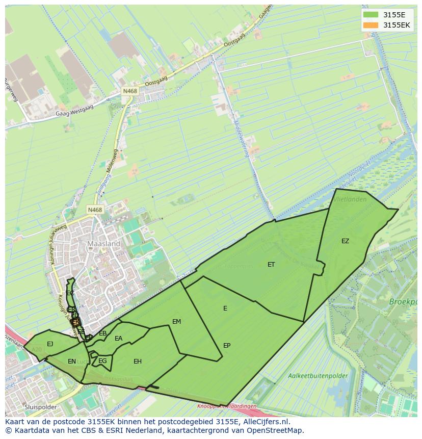 Afbeelding van het postcodegebied 3155 EK op de kaart.