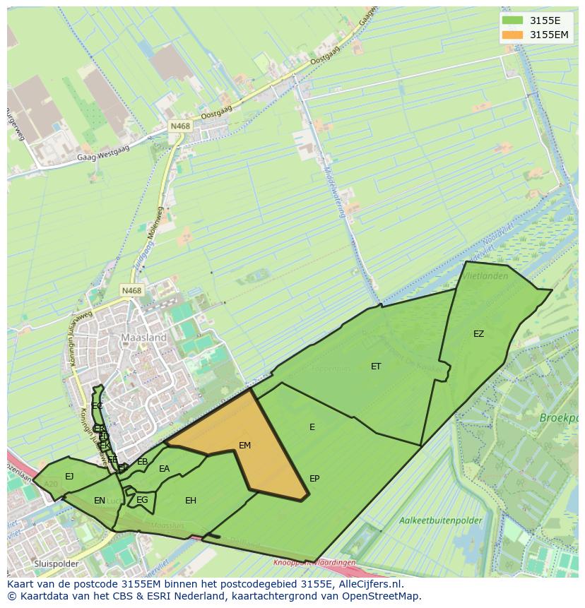 Afbeelding van het postcodegebied 3155 EM op de kaart.