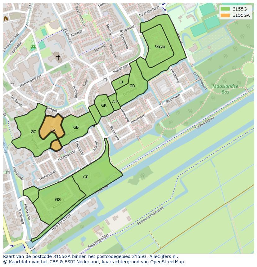 Afbeelding van het postcodegebied 3155 GA op de kaart.