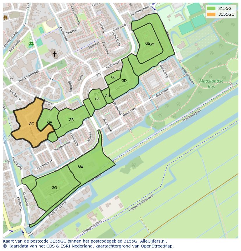 Afbeelding van het postcodegebied 3155 GC op de kaart.