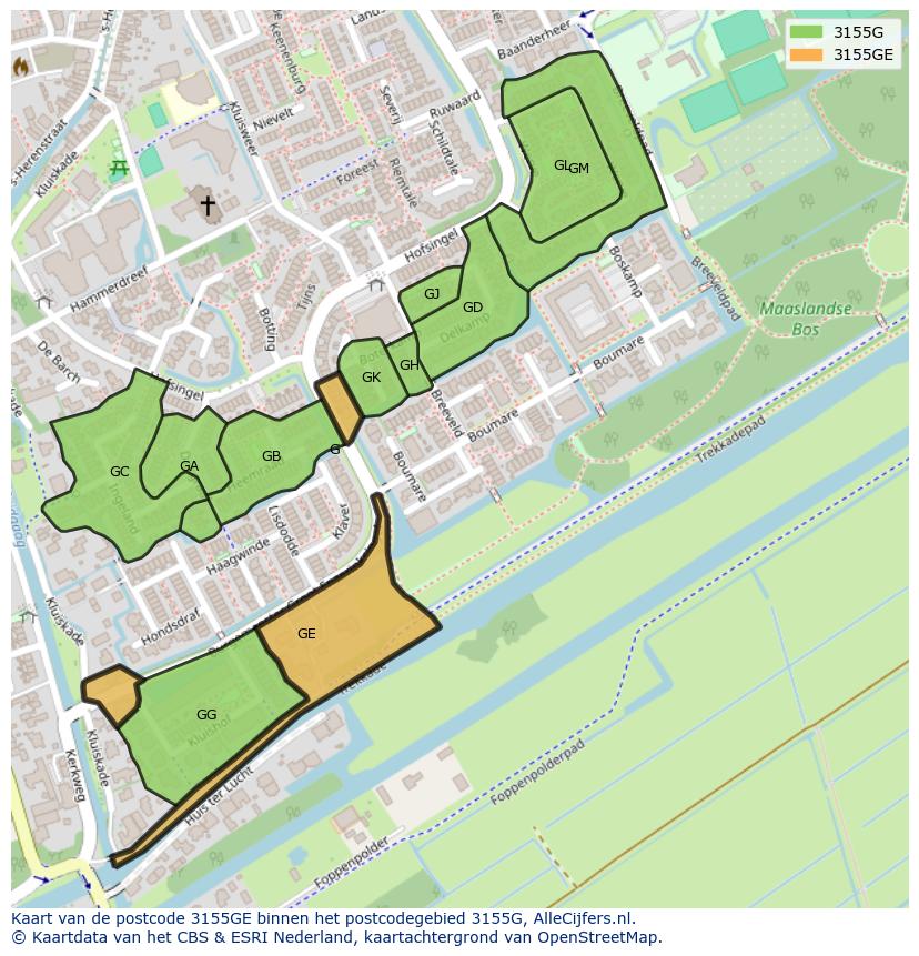 Afbeelding van het postcodegebied 3155 GE op de kaart.