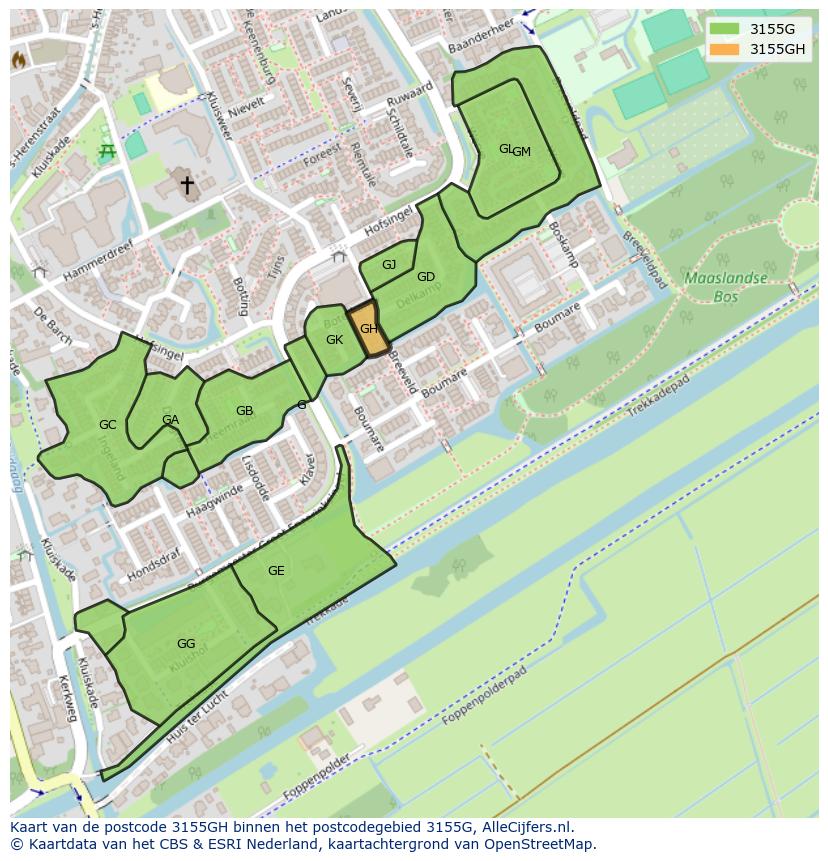 Afbeelding van het postcodegebied 3155 GH op de kaart.